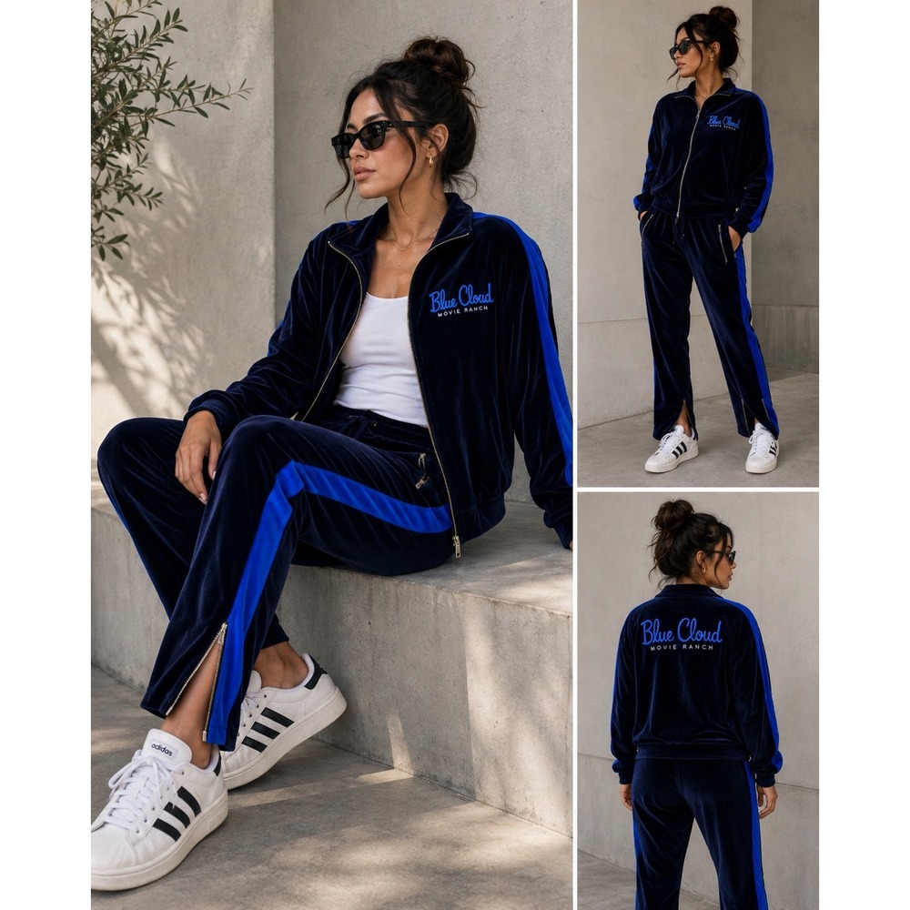 Blue Cloud Movie Ranch Velour Track Pants Navy Blue Side Stripe Ankle Zip